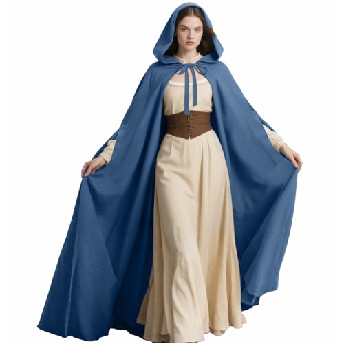Joukavor Renaissance-Umhang mit Kapuze Damen Mittelalter Kapuzenumhang mit Armlöchern für Halloween, Blau, Einheitsgröße von Joukavor