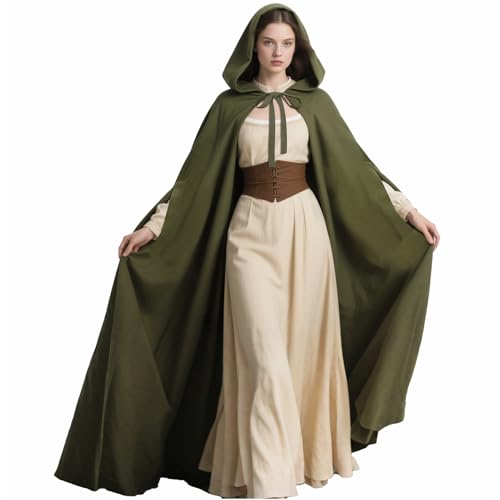 Joukavor Renaissance-Umhang mit Kapuze für Damen, mittelalterlicher Kapuzenumhang mit Armlöchern für Halloween, Grün (Army Green), Einheitsgröße von Joukavor