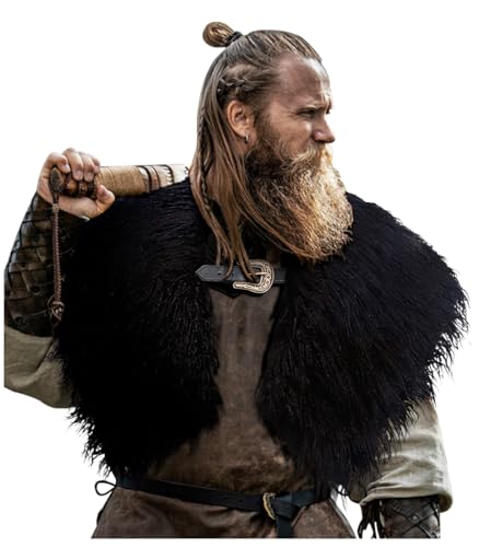 Joukavor Wikinger-Kunstfellkragen mit Gürtelschnalle, mittelalterlicher Ritter, Schulter-Wickeltuch, Kriegerumhang, Winterschal, LARP, Cosplay-Kostüm (schwarz) von Joukavor