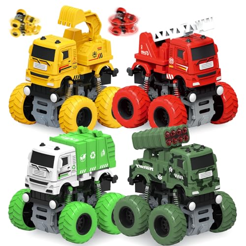Jovecinn 4 Stück Monstertruck Bagger Fuerwehr Müllauto Militär Auto Cars LKW Spielzeug Monster Truck für Kinder ab 3 Jahre Junge Geschenk von Jovecinn