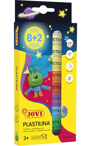 Jovi Knete, die im Dunkeln leuchtet, Set mit 10 Riegeln à 15 Gramm, 8 Grundfarben + 2 Lichtquellen, glutenfrei (90/10 g) von Jovi