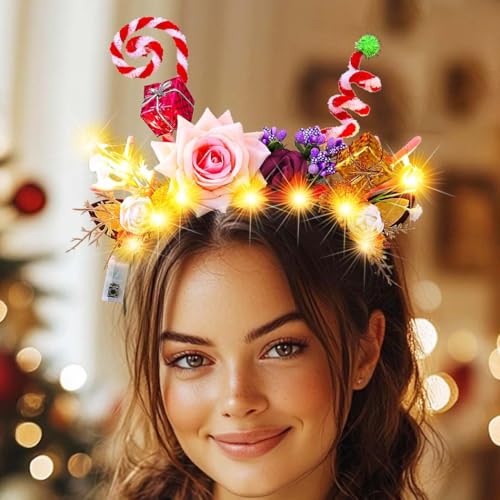 Jovono Leuchtendes Weihnachts-Rentiergeweih-Stirnband, Weihnachts-LED-Geweih-Kopfbedeckung, Blumen-Haarreif, Kostüm, Festival-Haar-Accessoires für Frauen (Blumen) von Jovono
