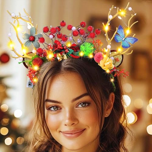 Jovono Leuchtendes Weihnachts-Rentiergeweih-Stirnband, Weihnachts-LED-Geweih-Kopfbedeckung, Blumen-Haarreif, Kostüm, Festival-Haar-Accessoires für Frauen (Schmetterling) von Jovono
