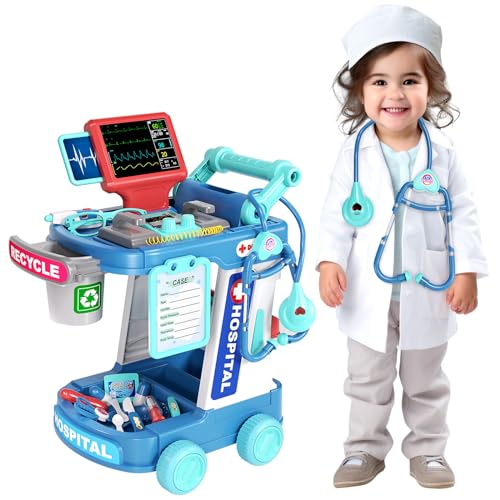 Hand-Kinderwagen Doktor-Kit für Kinder, Vorspiel-Arztspielzeug mit Wagen, Kostüm und Stethoskop, Rollenspiel-Medizinspielzeug für Mädchen, Jungen und Kleinkinder ab 3 4 5 6 7 8 9 Jahren (Blau) von Jovow