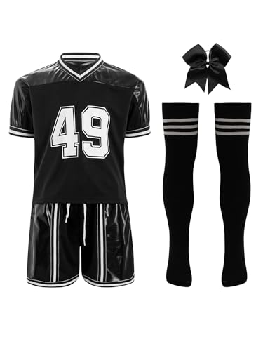 Jowowha 4Pcs Mädchen Cheer Leader Kostüm Kurzarm T-Shirt mit Shorts Socken Haarband Karneval Fasching Cheerleading Tanzkostüm Schwarz 158-164 von Jowowha