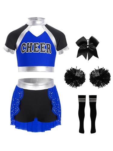 Jowowha 5Pcs Mädchen Cheer Leader Cheerleading Kostüm Cheer Crop Tops mit Hosenrock Pompoms Socken Haarband Karneval Fasching Tanzkostüm Blau Schwarz 146-152 von Jowowha