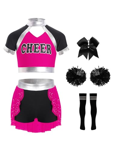 Jowowha 5Pcs Mädchen Cheer Leader Cheerleading Kostüm Cheer Crop Tops mit Hosenrock Pompoms Socken Haarband Karneval Fasching Tanzkostüm Dunkel Rosa&Schwarz 170-176 von Jowowha