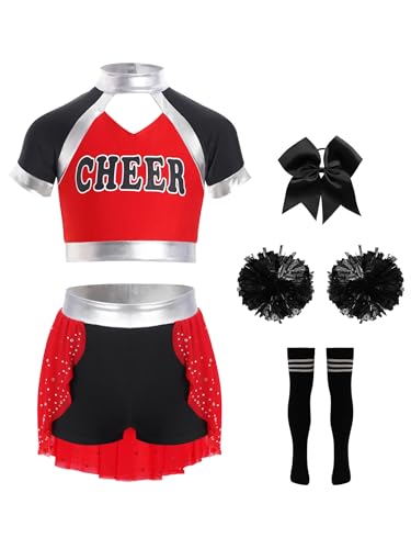 Jowowha 5Pcs Mädchen Cheer Leader Cheerleading Kostüm Cheer Crop Tops mit Hosenrock Pompoms Socken Haarband Karneval Fasching Tanzkostüm Rot Schwarz 134-140 von Jowowha