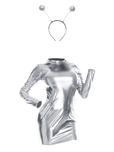 Jowowha Damen Alien Kostüm Langarm Metallic Kleid mit Alien Haarreif Space Girl Weltall Kostüm Karneval Disco Festival Party Clubwear A Silber M von Jowowha