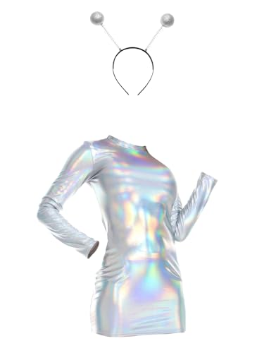 Jowowha Damen Alien Kostüm Langarm Metallic Kleid mit Alien Haarreif Space Girl Weltall Kostüm Karneval Disco Festival Party Clubwear B Silber XL von Jowowha