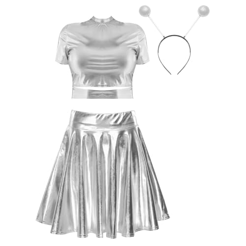 Jowowha Damen Alien Kostüm Metallic Crop Top + Minirock + Alien Stirnband Space Girl Kostüm Halloween Karneval Fasching Mottoparty Outfit A Silber L Jowowha Damen Alien Kostüm Metallic Crop Top + Minirock + Alien Stirnband Space Girl Kostüm Halloween Karneval Fasching Mottoparty Outfit A Silber L von Jowowha