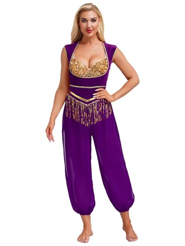 Jowowha Damen Arabische Prinzessin Kostüm Brustfrei Body Overall mit Pailletten Jumpsuit Orientalische Bauchtanz Kostüm Indische Tanzkleidung Lila XL Jowowha Damen Arabische Prinzessin Kostüm Brustfrei Body Overall mit Pailletten Jumpsuit Orientalische Bauchtanz Kostüm Indische Tanzkleidung Lila XL von Jowowha