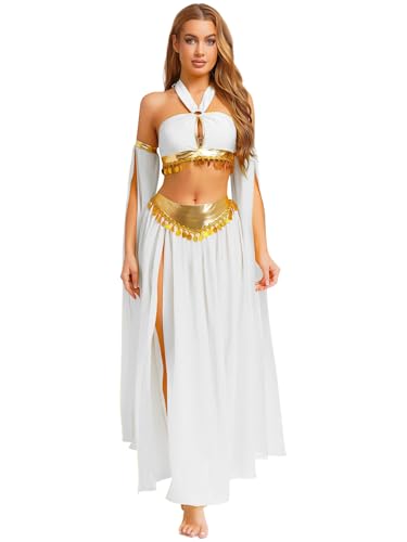 Jowowha Damen Bauchtanz Kostüm Set Pailletten Crop Tops Oberteile + Chiffon Rock + Handschuhe Belly Dance Outfits Karneval Fasching Tanzkostüm Weiß XXL von Jowowha