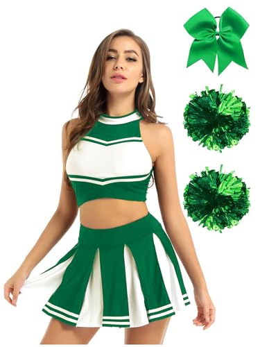 Jowowha Damen Cheer Leader Kostüm 4tlg.Crop Tops mit Rock Pompoms Haarband Cheerleading Uniform Tanzkleid Halloween Karneval Fasching Partykleid Grün XXL von Jowowha
