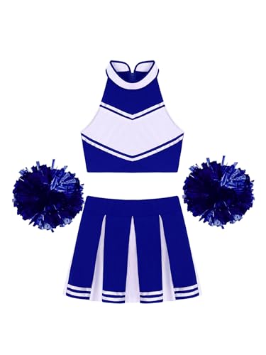 Jowowha Damen Cheer Leader Kostüm Cheerleading Kleid Crop Tops mit Pompoms Tanzkleid Halloween Kostüm Karneval Fasching Partykleid Royal Blau S von Jowowha