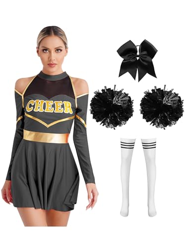 Jowowha Damen Cheer Leader Kostüm Cheerleading Kleid mit Pompoms Haarband Halloween Kostüm Karneval Fasching Partykleid C Schwarz B XL von Jowowha