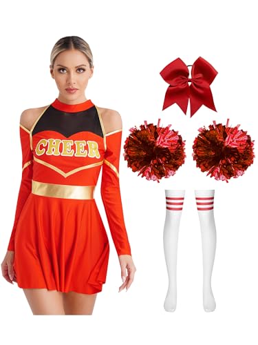 Jowowha Damen Cheer Leader Kostüm Cheerleading Kleid mit Pompoms Haarband Halloween Kostüm Karneval Fasching Partykleid Ca Rot A S von Jowowha