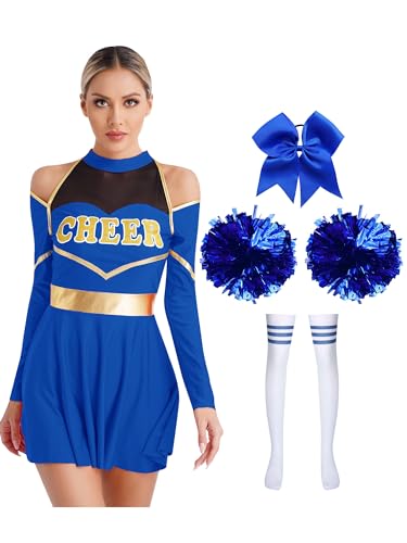 Jowowha Damen Cheer Leader Kostüm Cheerleading Kleid mit Pompoms Haarband Halloween Kostüm Karneval Fasching Partykleid Ca Royal Blau XXL von Jowowha