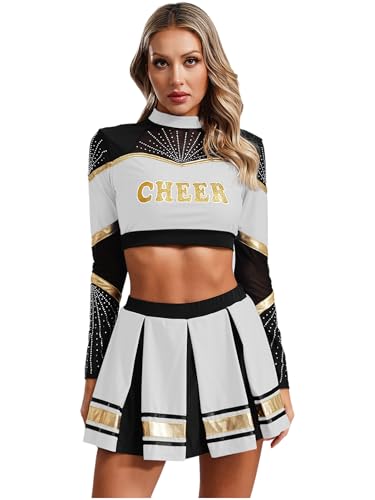 Jowowha Damen Cheer Leader Kostüm Langarm Crop Top Bauchfrei Oberteile + Minirock Faltenrock Cheerleading Uniform Karneval Fasching Kostüm Weiß M Jowowha Damen Cheer Leader Kostüm Langarm Crop Top Bauchfrei Oberteile + Minirock Faltenrock Cheerleading Uniform Karneval Fasching Kostüm Weiß M von Jowowha