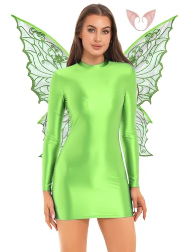 Jowowha Damen Feen Kleid Feenkostüm Glossy Minikleid Bodycon Kleid mit Schmetterlings Feenflügel Elfenohren Karneval Fasching Kostüm Leuchtendes Grün M von Jowowha