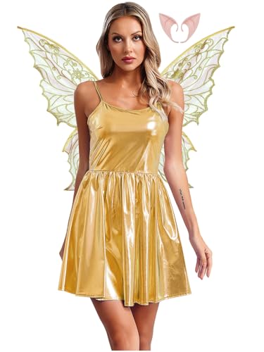 Jowowha Damen Feenkostüm Metallic Fee Kleid Elfen Kostüm mit Schmetterlingsflügel Elfenohren Holographic Skaterkleid Partykleid Karneval Fasching Kostüm Gold XXL Jowowha Damen Feenkostüm Metallic Fee Kleid Elfen Kostüm mit Schmetterlingsflügel Elfenohren Holographic Skaterkleid Partykleid Karneval Fasching Kostüm Gold XXL von Jowowha