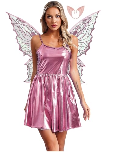 Jowowha Damen Feenkostüm Metallic Fee Kleid Elfen Kostüm mit Schmetterlingsflügel Elfenohren Holographic Skaterkleid Partykleid Karneval Fasching Kostüm Rosa XXL Jowowha Damen Feenkostüm Metallic Fee Kleid Elfen Kostüm mit Schmetterlingsflügel Elfenohren Holographic Skaterkleid Partykleid Karneval Fasching Kostüm Rosa XXL von Jowowha
