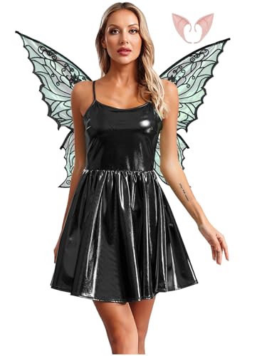 Jowowha Damen Feenkostüm Metallic Fee Kleid Elfen Kostüm mit Schmetterlingsflügel Elfenohren Holographic Skaterkleid Partykleid Karneval Fasching Kostüm Schwarz XXL Jowowha Damen Feenkostüm Metallic Fee Kleid Elfen Kostüm mit Schmetterlingsflügel Elfenohren Holographic Skaterkleid Partykleid Karneval Fasching Kostüm Schwarz XXL von Jowowha