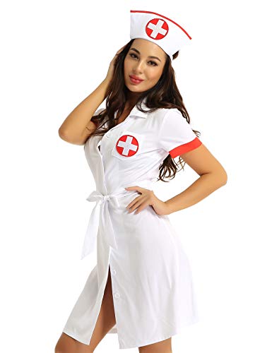 Jowowha Damen Krankenschwester Kostüm Doktor Arztkittel Minikleid Ärztin Halloween Kostüm Karneval Fasching Party Clubwear Weiß XXL von Jowowha