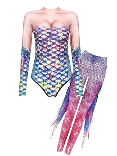 Jowowha Damen Meerjungfrau Kostüm Fischschuppn Druck Langarm Body Overall mit Meerjungfrau Hose Faschingskostüm Karneval Kostüm Buntes B L von Jowowha
