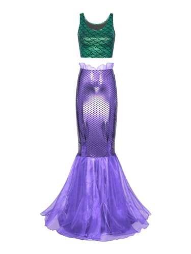 Jowowha Damen Meerjungfrau Kostüm Halloween Fischschuppen Rock + Crop Tops Bühnenkostüme Cosplay Karneval Faschingskostüm A Grün&Lila 3XL von Jowowha