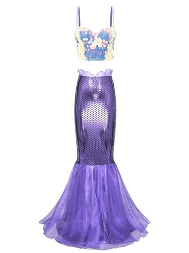 Jowowha Damen Meerjungfrau Kostüm Halloween Fischschuppen Rock + Crop Tops Bühnenkostüme Cosplay Karneval Faschingskostüm B Lavendel&Lila S von Jowowha
