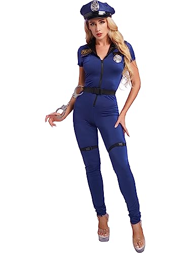 Jowowha Damen Polizistin Uniform Sexy Polizei Kostüm Kurzarm Overall Jumpsuit mit Zubehör für Cosplay Halloween Karneval Mottoparty Blau XL von Jowowha