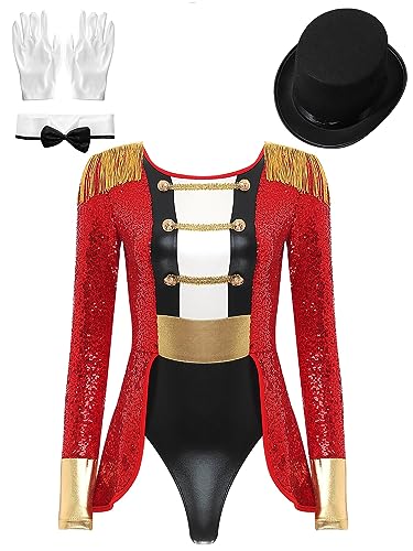 Jowowha Damen Zirkus Kostüm Langarm Body Overall mit Mütze Zirkusdirektor Uniform Halloween Weihnachten Karneval Fasching Kostüm H Rot A S von Jowowha