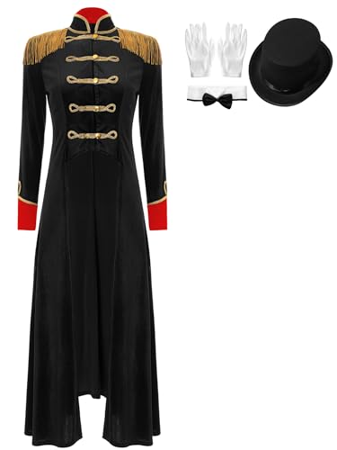 Jowowha Damen Zirkus Kostüm Zirkusdirektor Jacke Blazer mit Quasten Mütze Halloween Weihnachten Kostüm Karneval Fasching Mottoparty Aa Schwarz L von Jowowha