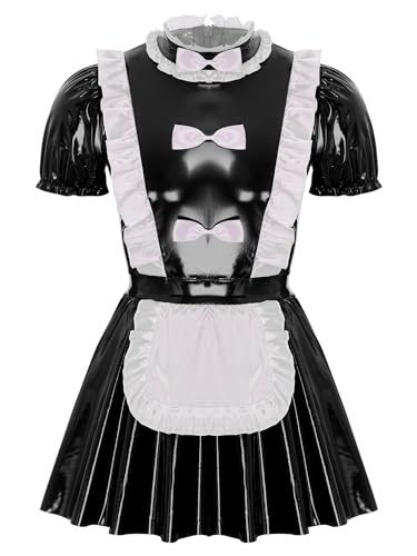 Jowowha Herren Dienstmädchen Kostüm Maid Kleid Lackleder Sissy Kleid mit Schürze Crossdresser Dessous Nachtwäsche C Schwarz XL von Jowowha