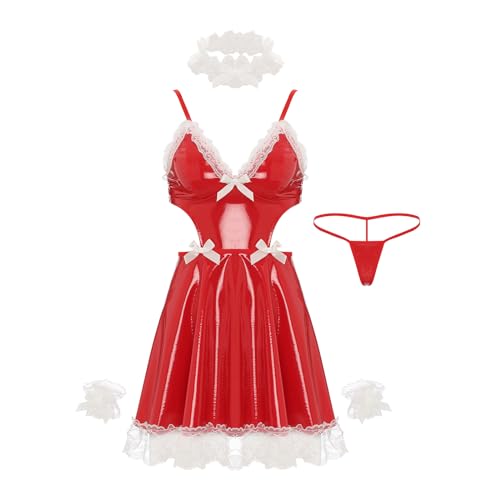 Jowowha Herren Sissy Crossdresser Kleid Wetlook Dienstmädchen Kostüm Lackleder Maid Kleid Zimmermädchen Kostüm Nachtwäsche Rot 4XL von Jowowha