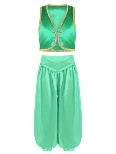 Jowowha Jungen Arabischer Prinz Kostüm Ärmellos Jacke Weste Gilet + Haremshose Kinder Arabische Kleidung Karneval Fasching Kostüm Grün 170-176 von Jowowha