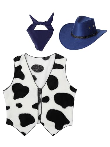 Jowowha Kinder Cowboy Kostüm Set Kuh Muster Cowboy Weste + Cowboyhut + Bandana Jungen Cowboy Kleidung Karneval Fasching Party Outfits Marine Blau 170-176 Jowowha Kinder Cowboy Kostüm Set Kuh Muster Cowboy Weste + Cowboyhut + Bandana Jungen Cowboy Kleidung Karneval Fasching Party Outfits Marine Blau 170-176 von Jowowha