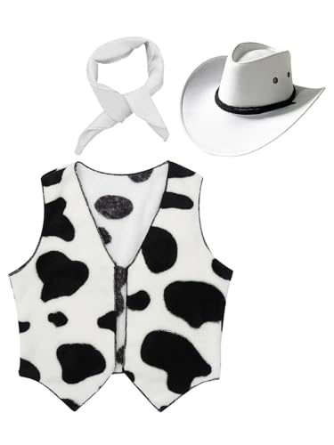 Jowowha Kinder Cowboy Kostüm Set Kuh Muster Cowboy Weste + Cowboyhut + Bandana Jungen Cowboy Kleidung Karneval Fasching Party Outfits Weiß 104-110 von Jowowha