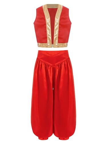Jowowha Kinder Jungen Arabischer Prinz Kostüm Ärmellos Jacke Weste Gilet + Harenshose Orient Sultan Kostüm Karneval Faschingskostüm Rot 158-164 von Jowowha