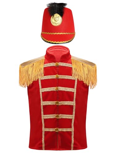 Jowowha Kinder Jungen Mädchen Zirkus Jacke Samt Weste + Hut Zirkusdirektor Uniform Cosplay Weihnachten Karneval Fasching Party Outfits Stil D Rot 146-152 von Jowowha