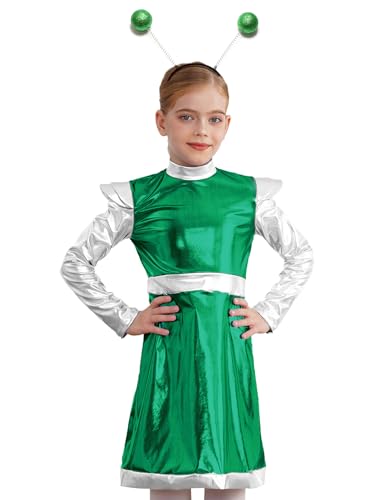 Jowowha Mädchen Alien Kleid Weltall Astronaut Kostüm Space Girl Kleid Langarm Metallic Kleid mit Haarreif Karneval Fasching Show Tanzkleid Grün 158-164 von Jowowha