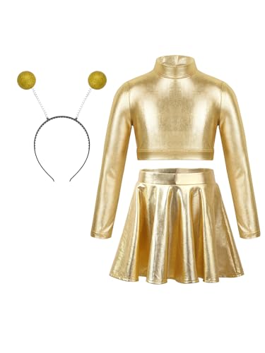 Jowowha Mädchen Alien Kostüm Set Metallic Langarmshirt Crop Top mit Minirock Haarreif Space Girl Kleid Weltall Astronaut Kleid Karneval Fasching Partykleid Gold 134-140 von Jowowha