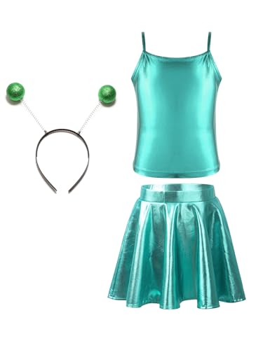 Jowowha Mädchen Alien Kostüm Set Space Girl Kleid Metallic Crop Top mit Minirock Haarreif Weltall Astronaut Kleid Karneval Fasching Partykleid Grün 146-152 von Jowowha