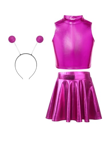 Jowowha Mädchen Alien Kostüm Set Weltall Astronaut Kleid Metallic Space Girl Kleid Crop Top mit Minirock Haarreif Karneval Fasching Partykleid Rosenrot 134-140 von Jowowha