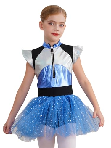 Jowowha Mädchen Alien Kostüm Weltall Astronaut Kostüm Glitzer Tanzkleid Metallic Bodysuit Overall Halloween Karneval Fasching Kostüm A Blau 170-176 von Jowowha