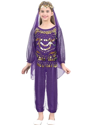 Jowowha Mädchen Bauchtanz Kostüm Indische Bauchtänzerin Kostüm Halloween Karneval Fasching Verkleidung Party Tanzkleidung Lila 158-164 von Jowowha