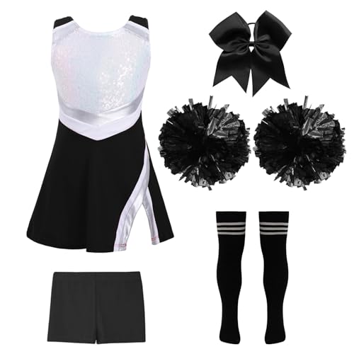 Jowowha Mädchen Cheer Leader Cheerleading Kostüm 5tlg.Glitzer Tanzkleid mit Zubehör Schulmädchen Uniform Halloween Karneval Fasching Party Outfits Schwarz&Weiß 146-152 von Jowowha