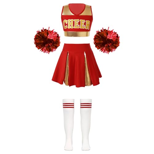 Jowowha Mädchen Cheer Leader Cheerleading Kostüm Cheer Crop Tops mit Rock Pompons Socken Halloween Karneval Fasching Party Outfits G Rot 122-128 von Jowowha