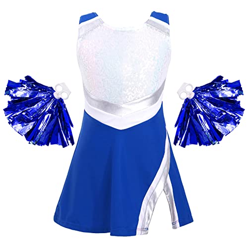Jowowha Mädchen Cheer Leader Cheerleading Kostüm Glitzer Kleid mit Pompoms Schulmädchen Uniform Halloween Karneval Performance Tanzkostüm Royal Blau 146-152 von Jowowha